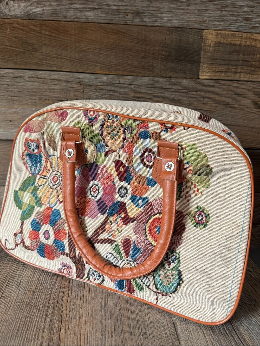 Brown Handle Tapestry Floral bag
